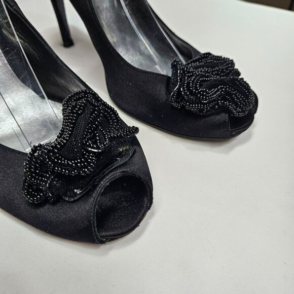 Stuart Weitzman Black Satin Beaded Rosette Peep Toe Slingback Heels Size 10 - Picture 2 of 12
